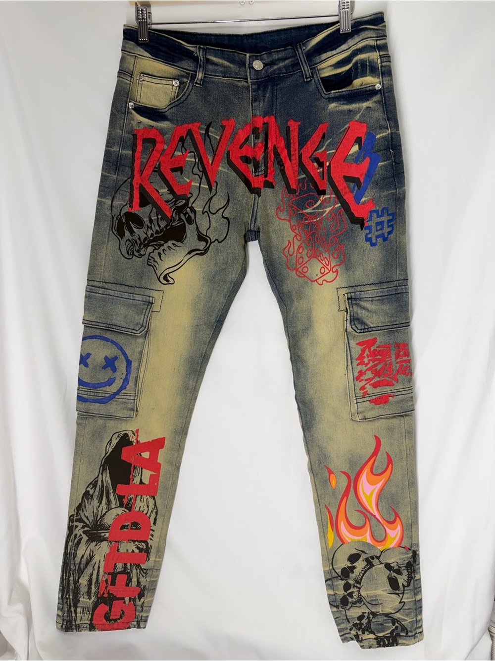 Biepa Jeans Revenge Graphic Cargo Pants Yellow Tint Bleach Wash Size 32